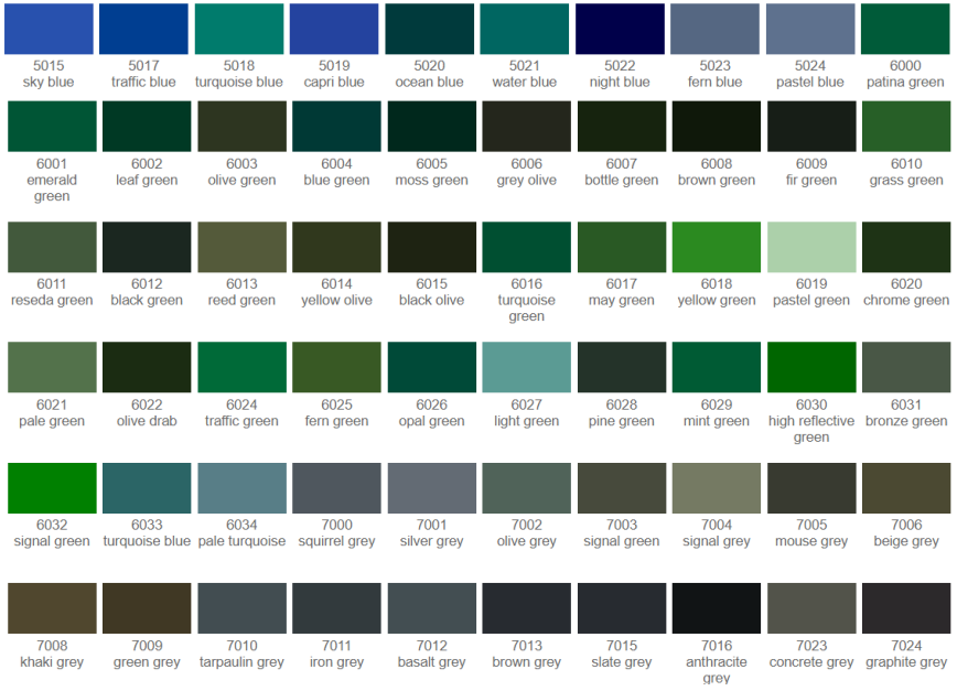 RAL Colour Chart green - grey
